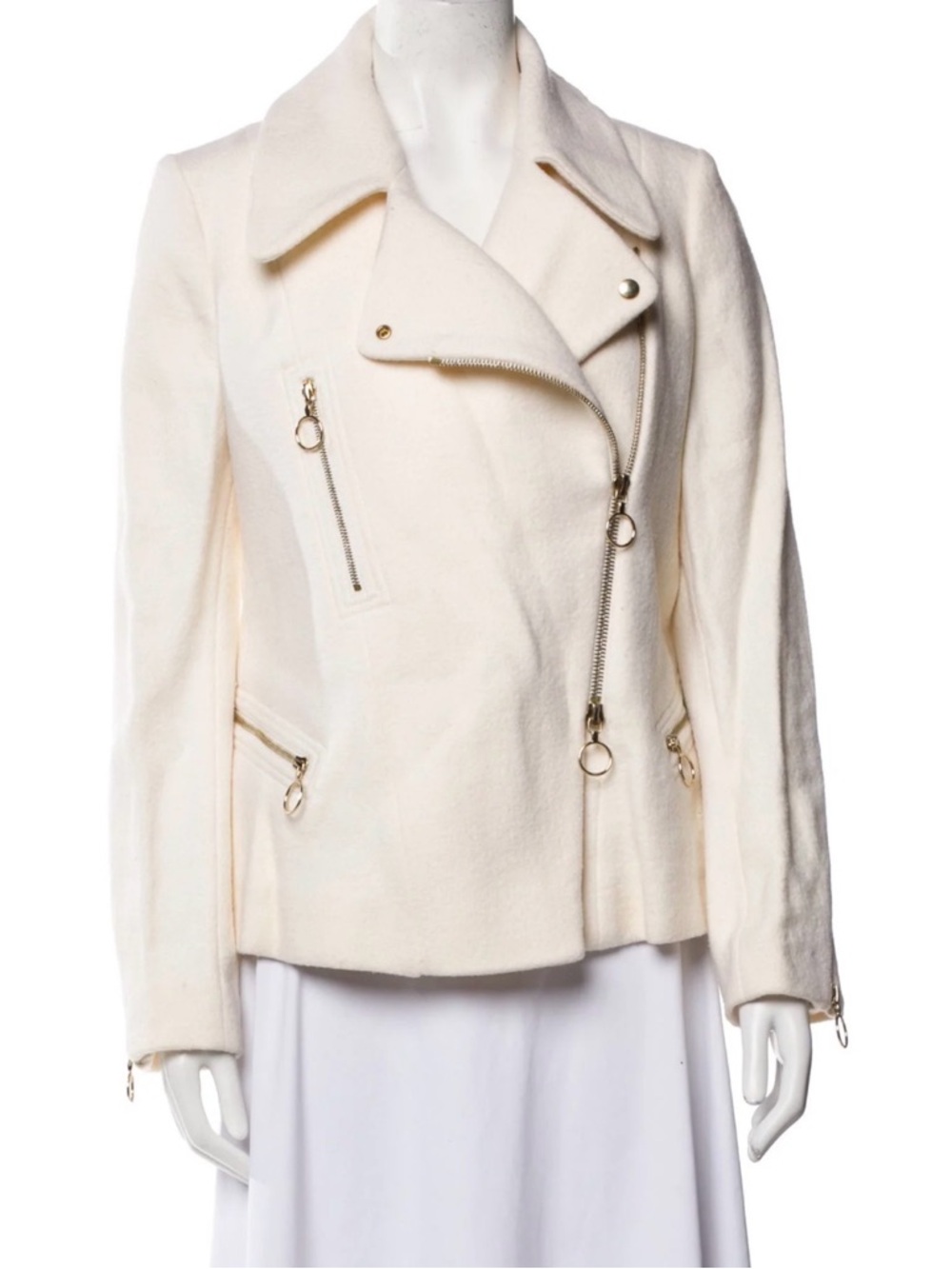CHLOÉ Off-White Wool Moto Jacket Gold Ring Zippers Archival 2008 - Picture 2 of 13